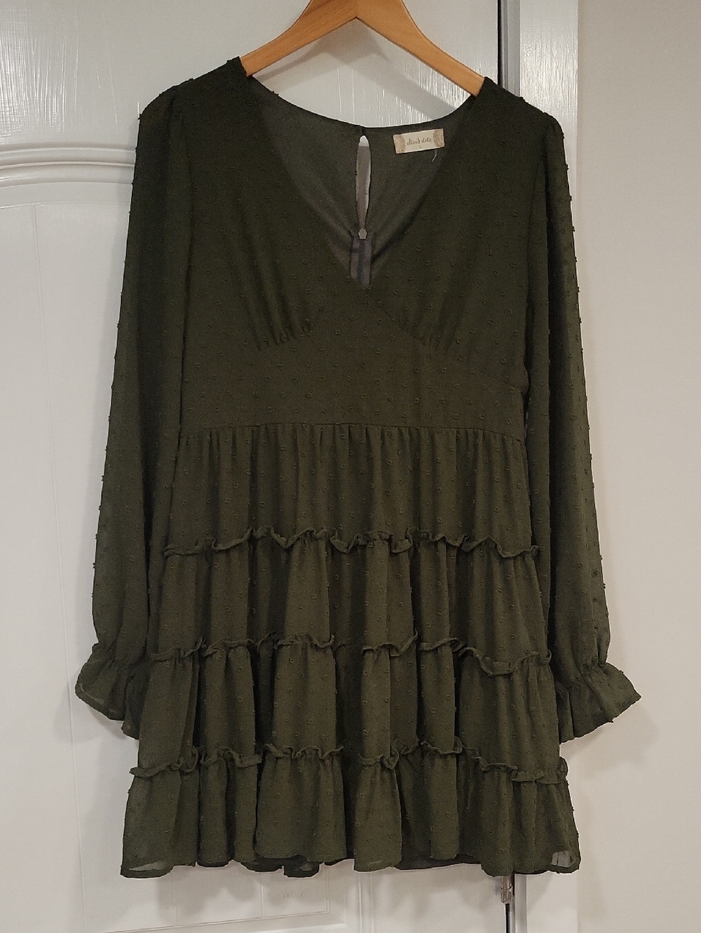 Altar'd State Mini Dress Olive Green Swiss Dot Size L Ruffle Long Sleeve Boho